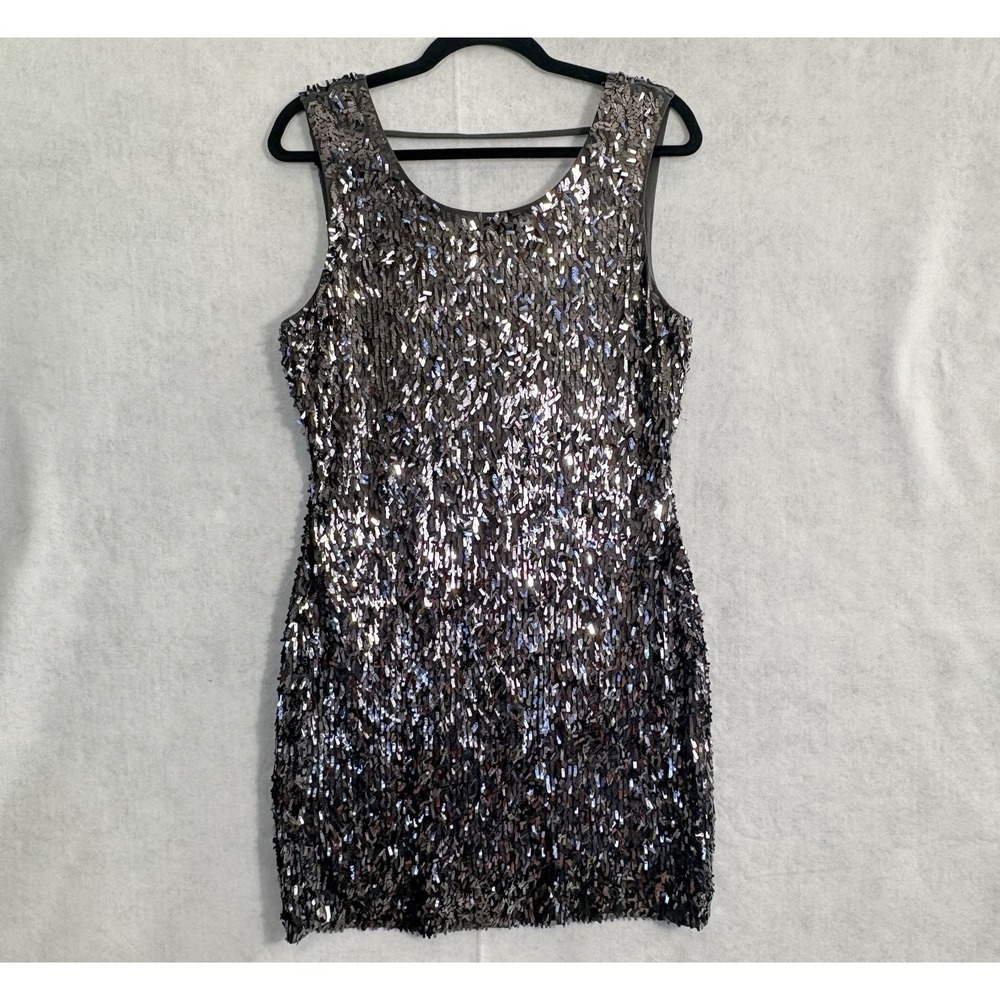 EXPRESS Women Sleeveless Sequin Stretch Mini Dress Sz M Silver Disco‎ 80s 49-17